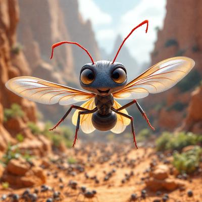 The primary subject of the image is a cartoon-like insect, possibly a grasshopper, with a big smile on its face. The insect is flying in the air, surrounded by a rocky landscape. The setting includes a dirt road and a mountainous background. The visual style of the image is a combination of photo and digital art, creating a whimsical and playful atmosphere. The colors are predominantly earth tones, with the insect being the main focal point, and the background featuring a mix of rocky